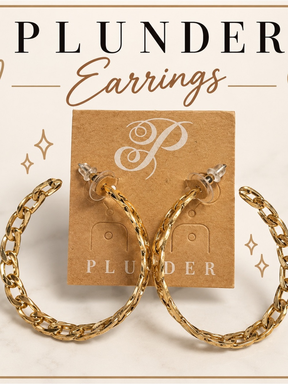 Plunder Jewelry Gold Tone Chain Link Large Hoop Statement Earrings